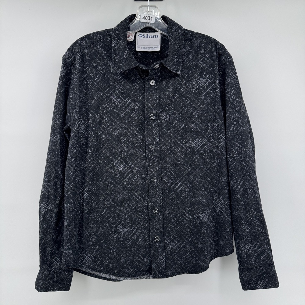 Silverts Adaptive Shirt Mens S Dark Charcoal Gray Abstract Print Magnetic Button
